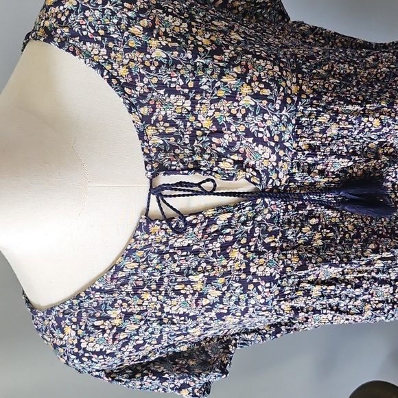 Maurices Navy Blue Floral Print Tie Neck Blouse - Picture 4 of 12